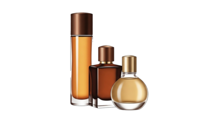 Elegant glass perfume bottles showcasing amber liquid in various sophisticated shapes and sizes, hinting at luxury and fragrance