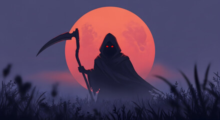 Grim Reaper Silhouette Under Blood Red Moon Halloween Spooky Scary Dark Fantasy Art