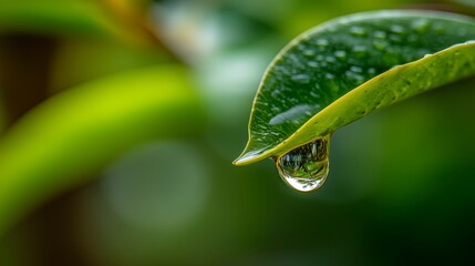 Close-up view of a water droplet hanging from a green leaf in a lush forest during early morning hours