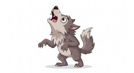 Gray Howling Wolf Cartoon Character — Playful Timber Wolf Illustration for Storytelling, Kids' Media & Game Avatars
