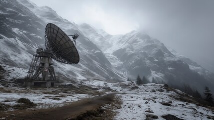 Giant satellite dish stands in snowy mountain landscape under cloudy sky near remote research facility