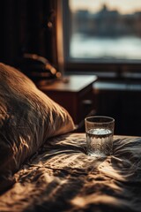 Morning sunlight illuminates a glass of water resting on a bedspread next to a nightstand by the window in a cozy room