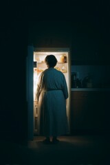 A person is standing in front of an open refrigerator, taking in its light in a dimly lit kitchen during the late-night hours