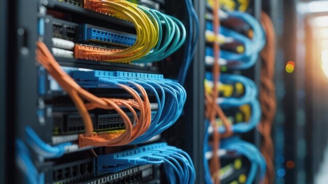 Colorful cables connect within server rack