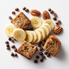arrangement of banana bread slices surrounded by fresh banana rounds, coffee beans, and pecans on a clean white background