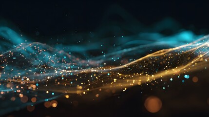 abstract glowing particles selective focus and bokeh effect on dark background. Futuristic glowing particles with depth of field and bokeh effect.