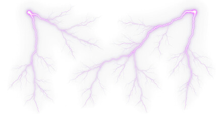 set of purple lightning bolt strike png, thunderstorm or light effect isolated on transparent cut out background