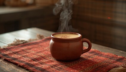 Steaming clay mug of sweet atol de elote on rustic textile table