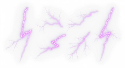 set of purple lightning bolt strike png, thunderstorm or light effect isolated on transparent cut out background