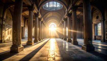 Sunlight streaming through the grand hall of an ancient building with columns.