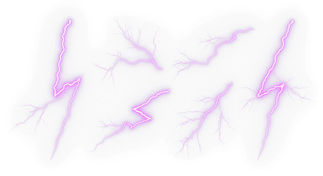 set of purple lightning bolt strike png, thunderstorm or light effect isolated on transparent cut out background