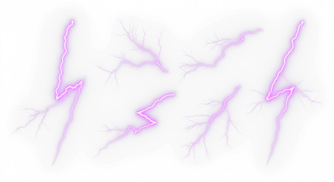 set of purple lightning bolt strike png, thunderstorm or light effect isolated on transparent cut out background