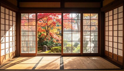 Traditional Japanese Room with Autumn Foliage View.