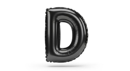 Black balloon shaped like the letter D, isolated on a white background, studio shot.