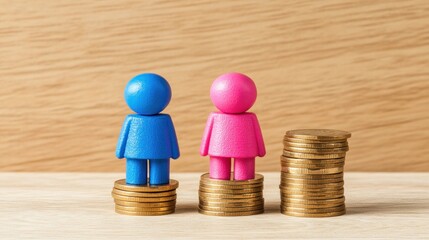 Gender pay gap concept figurines and stacked coins