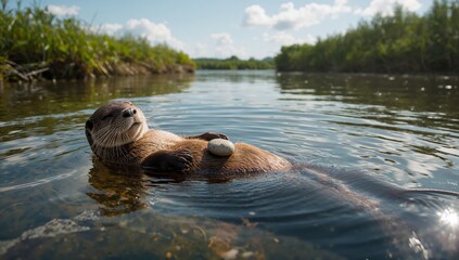 Fototapeta premium Peaceful river otter floats serenely with pebble on calm water surface