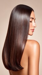 Naklejka premium Serene beautiful woman with long dark shiny hair posing against a light beige background