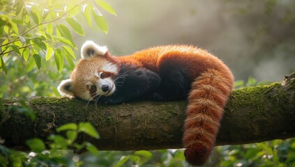 Fototapeta premium Red panda rests quietly on mossy branch under misty forest sunlight