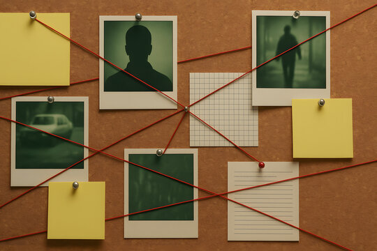 Investigation evidence board with connected photographs and notes using red string link analysis method for criminal profiling detective research case solving strategy concept on cork background foren
