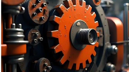 Intricate orange cogwheel and mechanical components in a detailed industrial close-up