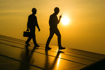 Solar energy technician silhouettes walking on reflective photovoltaic rooftop panels at golden hour sunset, renewable energy engineering inspection teamwork, clean power infrastructure maintenance sa