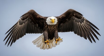 Obraz premium Majestic Bald Eagle Soars Through the Sky with Wings Spread Wide