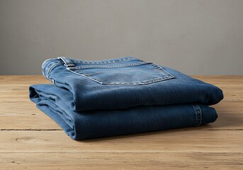 Folded denim jeans on a wooden surface