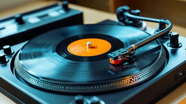 Vintage record player spins a classic vinyl album in a cozy indoor setting during the afternoon