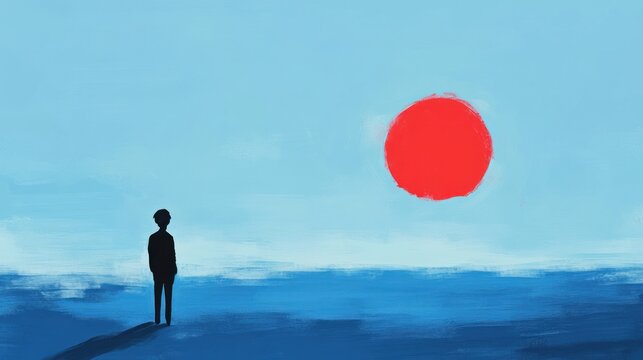Person silhouette blue landscape red sun