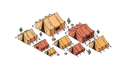 Collection of camping tents and desert plants in an isometric illustration