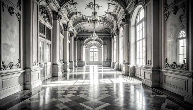 Grand Hallway with Ornate Chandeliers and Large Windows.