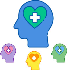 Promote Mental Wellness with Colorful Head Icons Featuring Heart and Cross Symbols, ideal for healthcare campaigns, psychological support, and promoting emotional balance in vibrant designs
