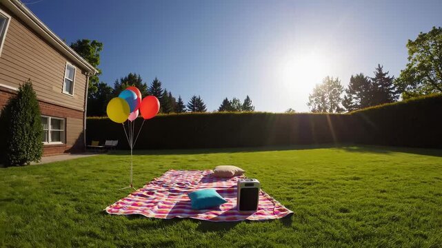 Colorful balloons stand beside a vibrant picnic blanket on lush green grass, with a bright sun illuminating the serene backyard scene, capturing the essence of a joyful outdoor gathering