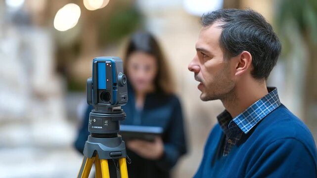 Restoration specialists using laser scanning and photogrammetry technology to document historic buildings creating precise digital archives and conservation plans with advanced