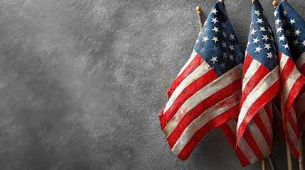 United states flags on gray wall panoramic background celebrating independence day theme