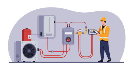 Technician managing heat pump system installation with digital control interface