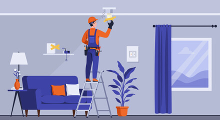 Electrician fixes ceiling light in modern living room scene