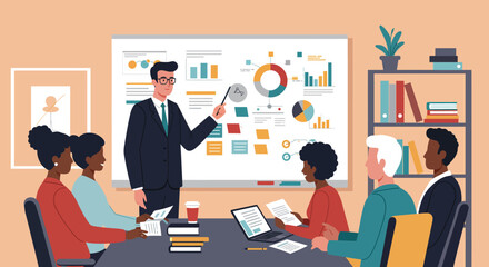 Business presentation meeting with diverse team analyzing data in modern office setting