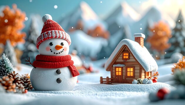 Festive snowman by a cozy cabin
