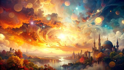 Obraz premium Enchanting Islamic Cityscape Under a Cosmic Sunset Sky.