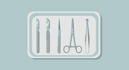 Surgical instruments on tray: scalpel, scissors, tweezers in minimalist style
