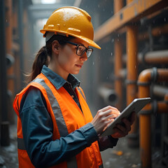 Engineer inspecting exposed water pipes at construction site, holding digital tablet for smart inspection, sharp detail with industrial background, realism photography style.