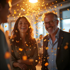 Excited startup business team tossing confetti and cheering, close-up faces full of joy, office environment with warm lighting, realism photography style.