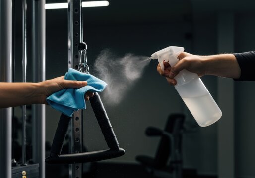 Man spraying disinfectant on gym equipment while a woman wipes it with a cloth. Sanitation and hygiene in fitness club.
