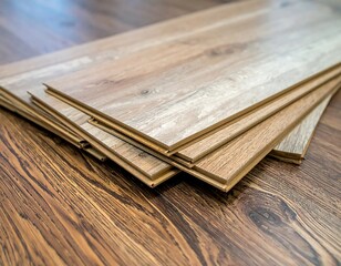 Stacked flooring planks on a wooden floor