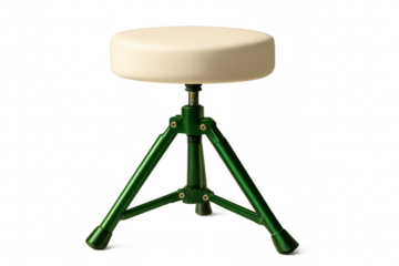 Adjustable stool with beige leather seat and green tripod base on transparent background
