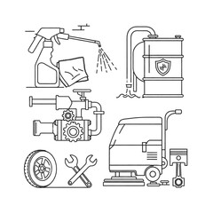 Heavy-duty industrial vehicles, including trucks, cars, and construction equipment, are shown in a transportation vector icon s.et