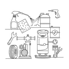 Vector illustration set of household kitchen appliances and a gas station pump icon