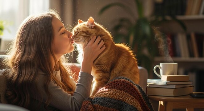 A young woman affectionately kisses her ginger cat while relaxing on a cozy sofa in a sunlit living room.