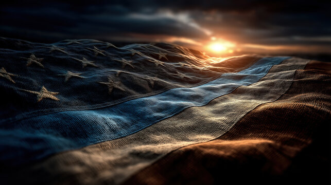 Usa thin blue line flag with sunset backdrop for national law enforcement appreciation day